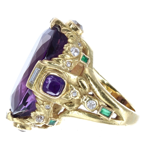 222 - Large 22ct yellow gold oval amethyst dress ring, with old-cut diamonds and emerald set into the surr... 