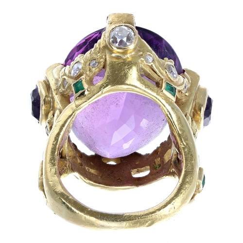 222 - Large 22ct yellow gold oval amethyst dress ring, with old-cut diamonds and emerald set into the surr... 