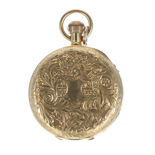 69 - 18ct lever engraved fob watch, gilt engraved foliate dial, 13 jewel movement, no. 4429, 28.4gm, 33mm... 