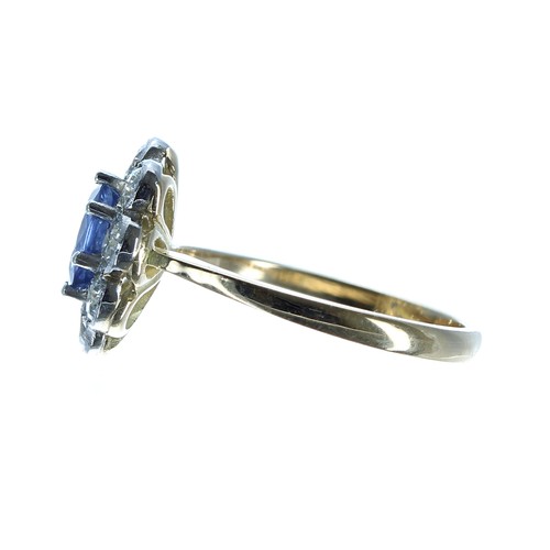 293 - Attractive 18ct yellow gold oval sapphire and diamond cluster ring, the sapphire 0.80ct approx, in a... 