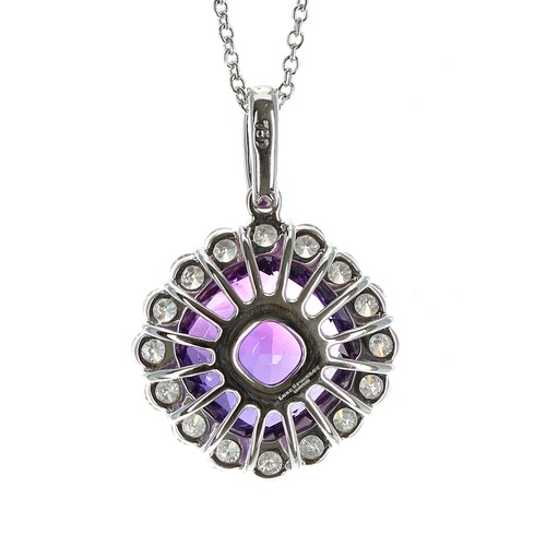 366 - Very attractive 18ct white gold amethyst and diamond pendant, the  cushion amethyst of good colour e... 