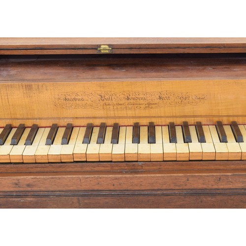 1501 - Square piano by Jacob Ball, London, 1792, the case of mahogany with holly and stained fruitwood stri... 