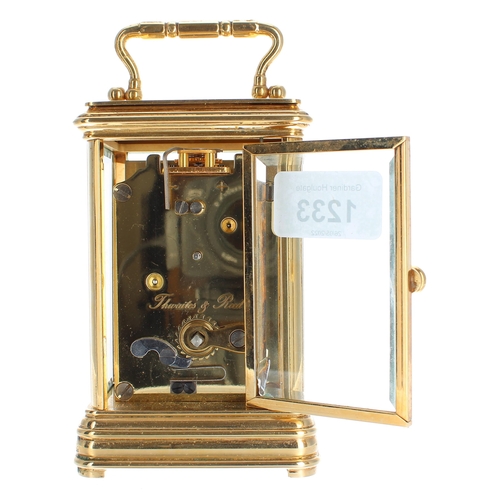 1233 - Contemporary Thwaites & Reed carriage clock timepiece, within a gorge style brass case, 6.25