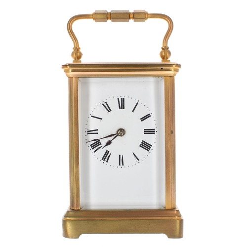 1234 - Carriage clock striking on a gong, within a corniche gilded brass case, 6.25