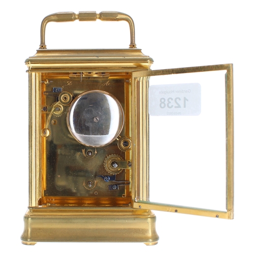 1238 - Good carriage clock timepiece with alarm striking on a bell, the movement back plate, base and foot ... 