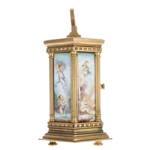 1239 - Contemporary porcelain panelled carriage clock, within an hexagonal case painted with a floral lands... 