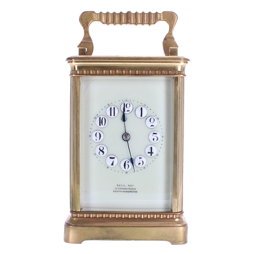 1241 - Richard & Co carriage clock striking on a gong, stamped R & Co. Made in Paris, enclosed with... 