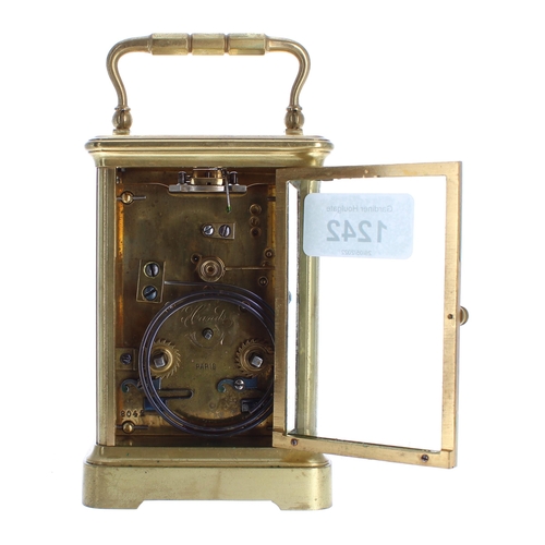 1242 - French carriage clock striking on a gong, the movement back plate and base plate stamped no. 8042, w... 