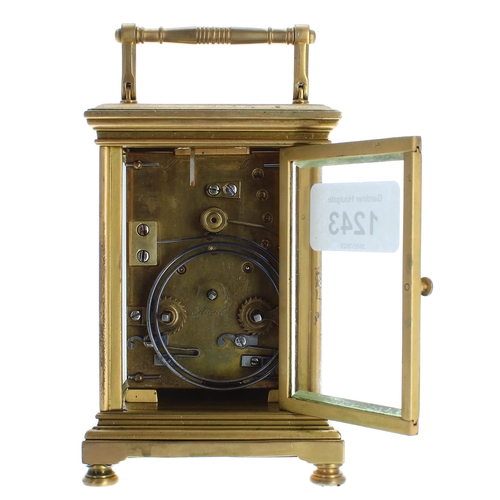 1243 - Repeater carriage clock striking on a gong, the movement back plate stamped no. 1233, the ornate pai... 