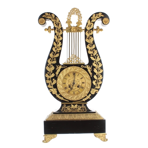 1501 - French ebonised and ormolu mounted two train lyre mantel clock, the Japys Freres movement strik... 