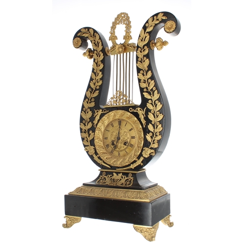 1501 - French ebonised and ormolu mounted two train lyre mantel clock, the Japys Freres movement strik... 