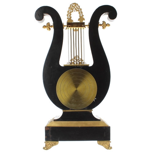 1501 - French ebonised and ormolu mounted two train lyre mantel clock, the Japys Freres movement strik... 