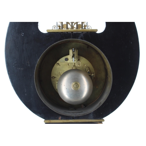 1501 - French ebonised and ormolu mounted two train lyre mantel clock, the Japys Freres movement strik... 