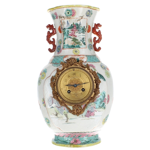 1507 - 19th century Chinese porcelain vase clock, the French movement with outside countwheel striking on a... 