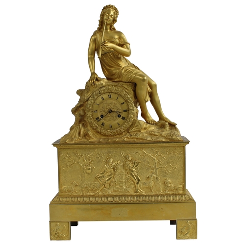 1503 - French ormolu figural two train mantel clock, the movement with outside count wheel striking on a be... 