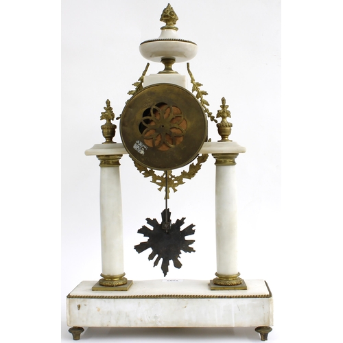 1505 - French white marble and gilt metal mounted portico two train mantel clock, the Vincenti movement wit... 