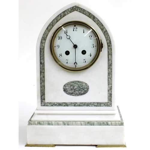 1514 - French white and green marble two train lancet mantel clock striking on a bell, the 4