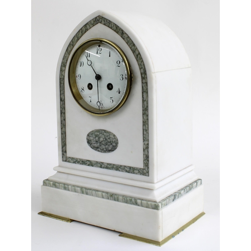 1514 - French white and green marble two train lancet mantel clock striking on a bell, the 4