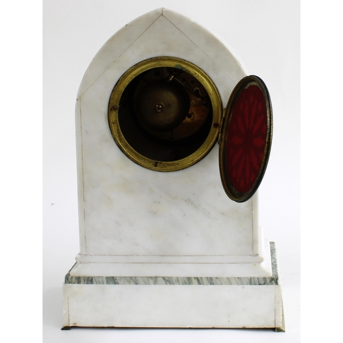 1514 - French white and green marble two train lancet mantel clock striking on a bell, the 4