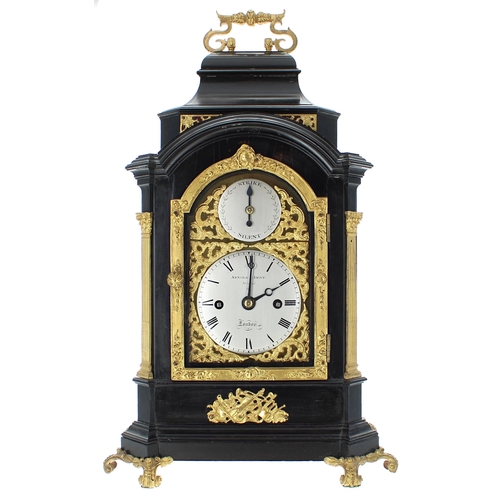 1330 - Good small English ebonised double fusee bracket clock, the 3.25