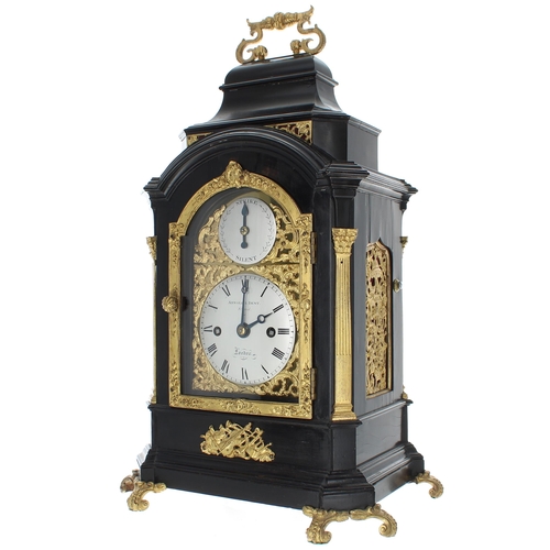 1330 - Good small English ebonised double fusee bracket clock, the 3.25