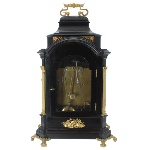 1330 - Good small English ebonised double fusee bracket clock, the 3.25