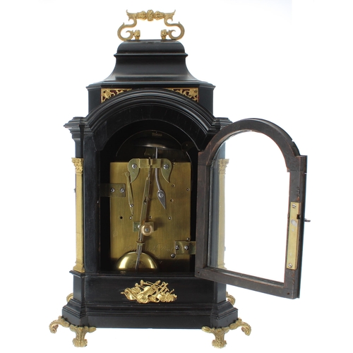 1330 - Good small English ebonised double fusee bracket clock, the 3.25