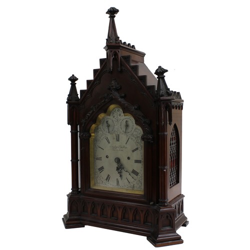 1520 - Large mahogany triple fusee boardroom gothic bracket clock with bracket, the 7.5