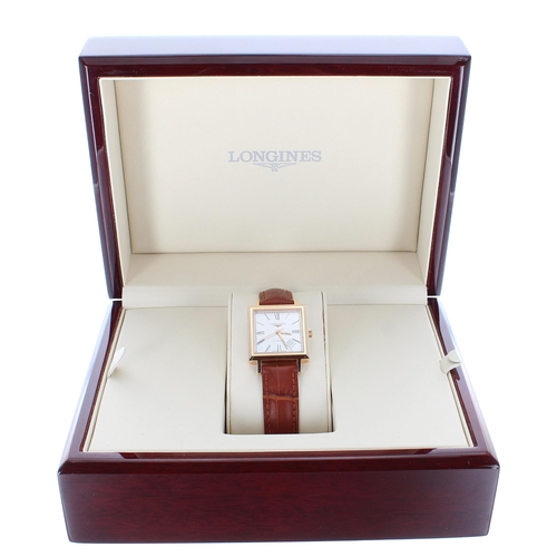 72 - Longines Heritage 18ct automatic square cased midsize wristwatch, reference no. L2.292.8, square sil... 