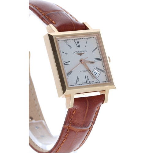 72 - Longines Heritage 18ct automatic square cased midsize wristwatch, reference no. L2.292.8, square sil... 