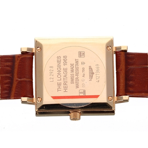 72 - Longines Heritage 18ct automatic square cased midsize wristwatch, reference no. L2.292.8, square sil... 