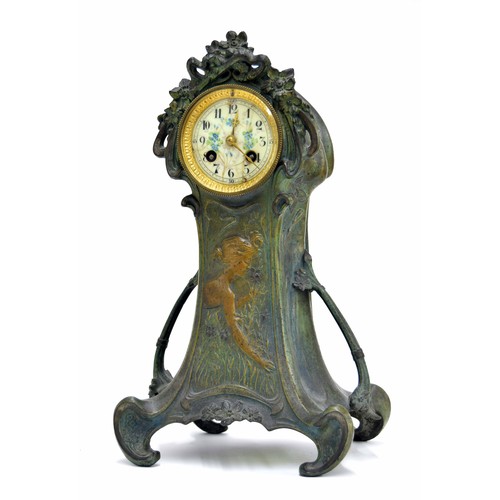 1527 - Art Nouveau bronzed two train mantel clock in the Liberty style, the 3