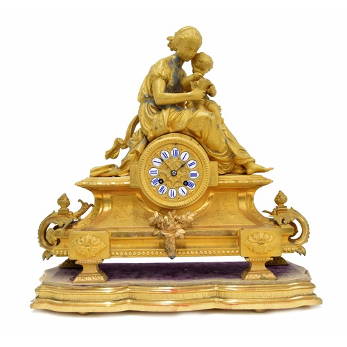 1521 - French ormolu two train figural mantel clock, the Japy Freres movement with outside countwheel strik... 