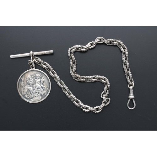 327 - Fancy silver watch Albert chain with a St Christopher medallion fob, T-bar and swivel clasp, marked ... 