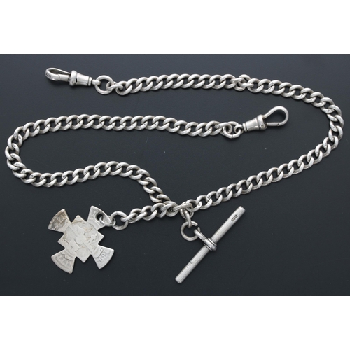 329 - Silver graduated curd link double watch Albert chain, each link hallmarked with swivel clasp, T-bar ... 