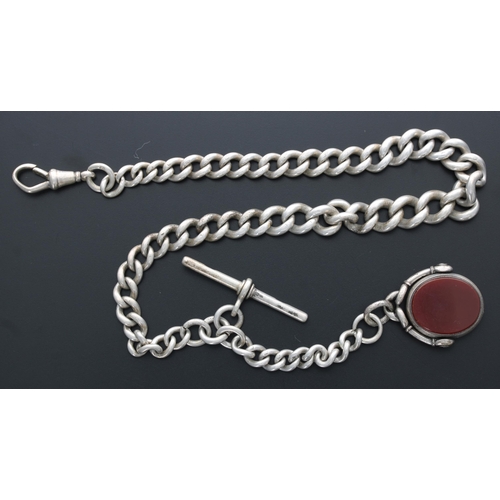 330 - Graduated curb link watch Albert chain, with a swivel bloodstone fob, T-bar and swivel clasp, 68.9gm... 