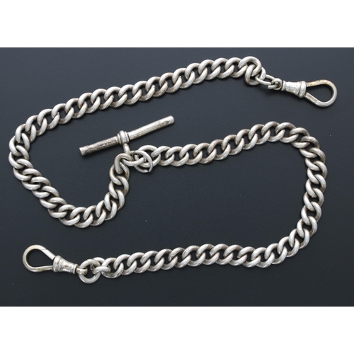 331 - Graduated curb link silver double Albert watch chain, with T-bar and swivels clasps, each link hallm... 