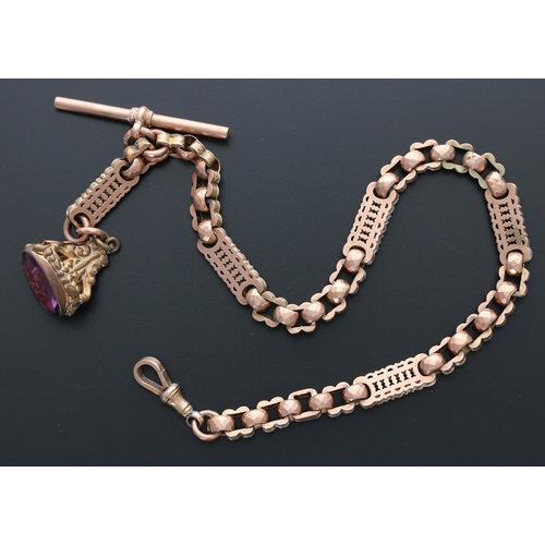 332 - Fancy 9ct watch Albert chain, with swivel clasp, T-bar and a gilded stone set fob, 31.7gm in total, ... 