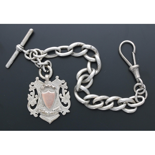 334 - Heavy short silver watch Albert chain, each link hallmarked with T-bar, swivel clasp and a large med... 