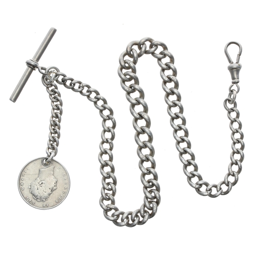 338 - Silver graduated curb link watch Albert chain, with a George IV shilling coin fob, T-bar and swivel ... 