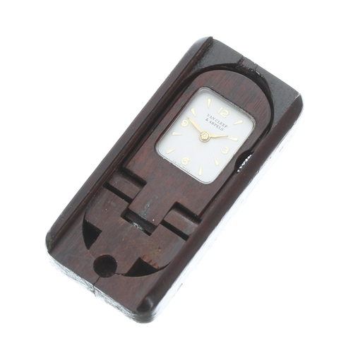 536 - Interesting French miniature rosewood travel watch, a sliding cover and hinged movement, the silvere... 