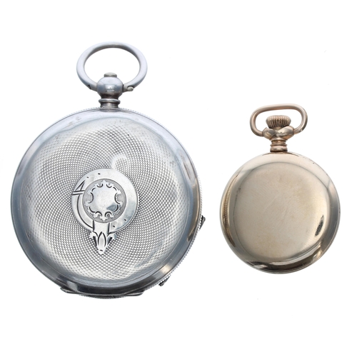 539 - Gold plated cylinder fob watch, 32mm; with a silver (.935) pocket watch, 50mm (2)