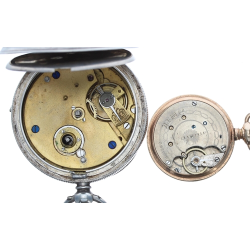 539 - Gold plated cylinder fob watch, 32mm; with a silver (.935) pocket watch, 50mm (2)