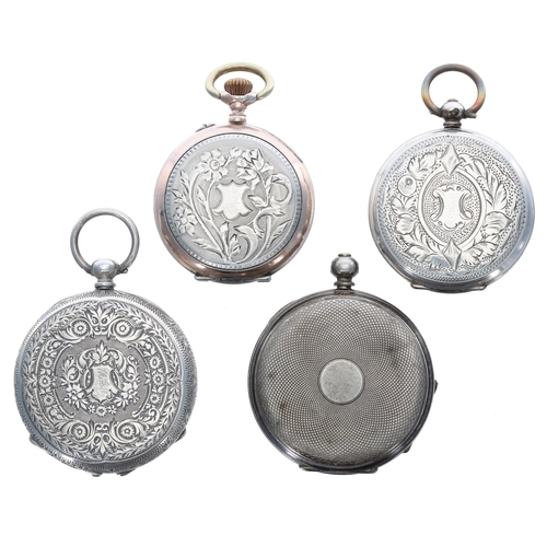 550 - Four silver cylinder fob watches (two at fault)