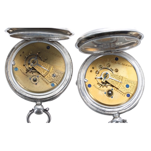 551 - Two silver American Waltham lever pocket watches for repair, 50mm and 51mm