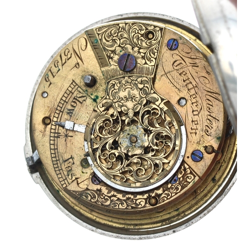 553 - 19th century silver pair cased verge pocket watch for repair, London 1856, signed J. Masters, no. 37... 