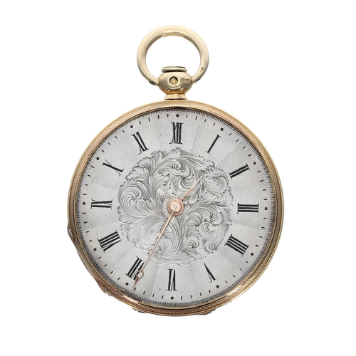 558 - Swiss 18ct cylinder engine turned pocket watch, foliate engraved silver dial with Roman numeral... 