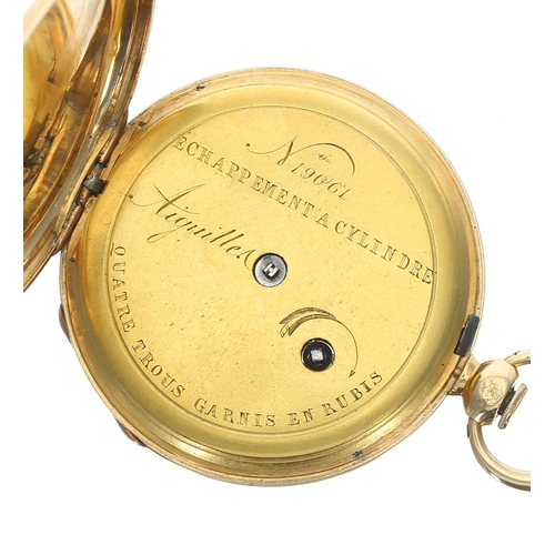 558 - Swiss 18ct cylinder engine turned pocket watch, foliate engraved silver dial with Roman numeral... 