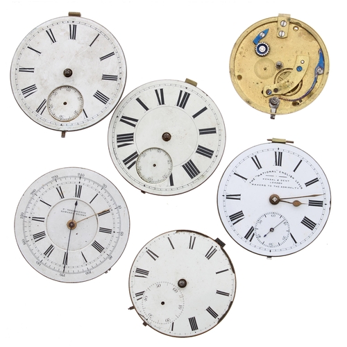 580 - Six lever pocket watch movements principally for repair to include a centre seconds chronograph and ... 