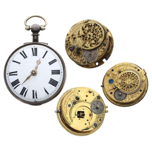 581 - Silver fusee verge pocket watch for repair (lacking outer case and glass), unsigned movement, 49mm; ... 